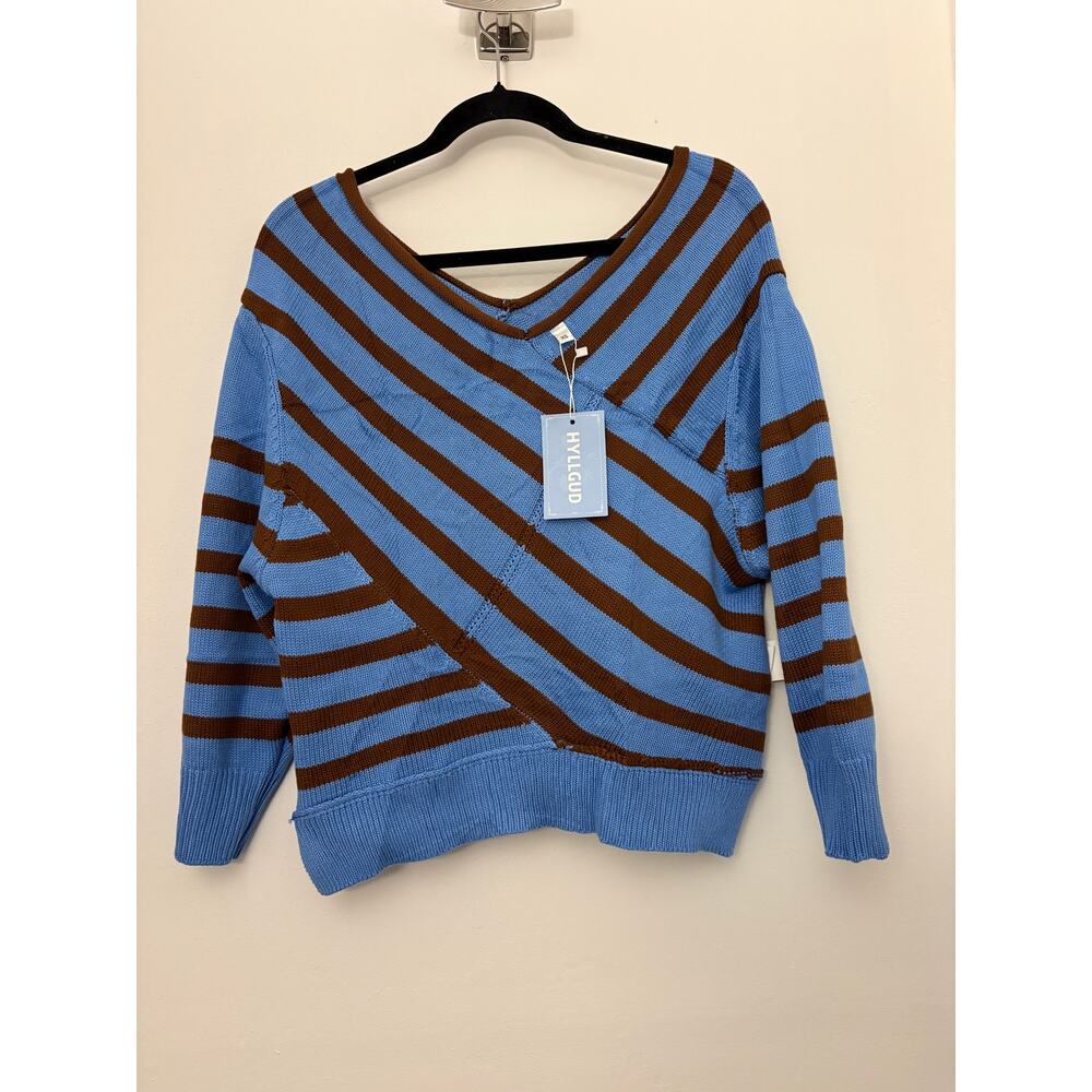HYLLGUD Blue Brown Striped V-Neck Knit Sweater XS NWT